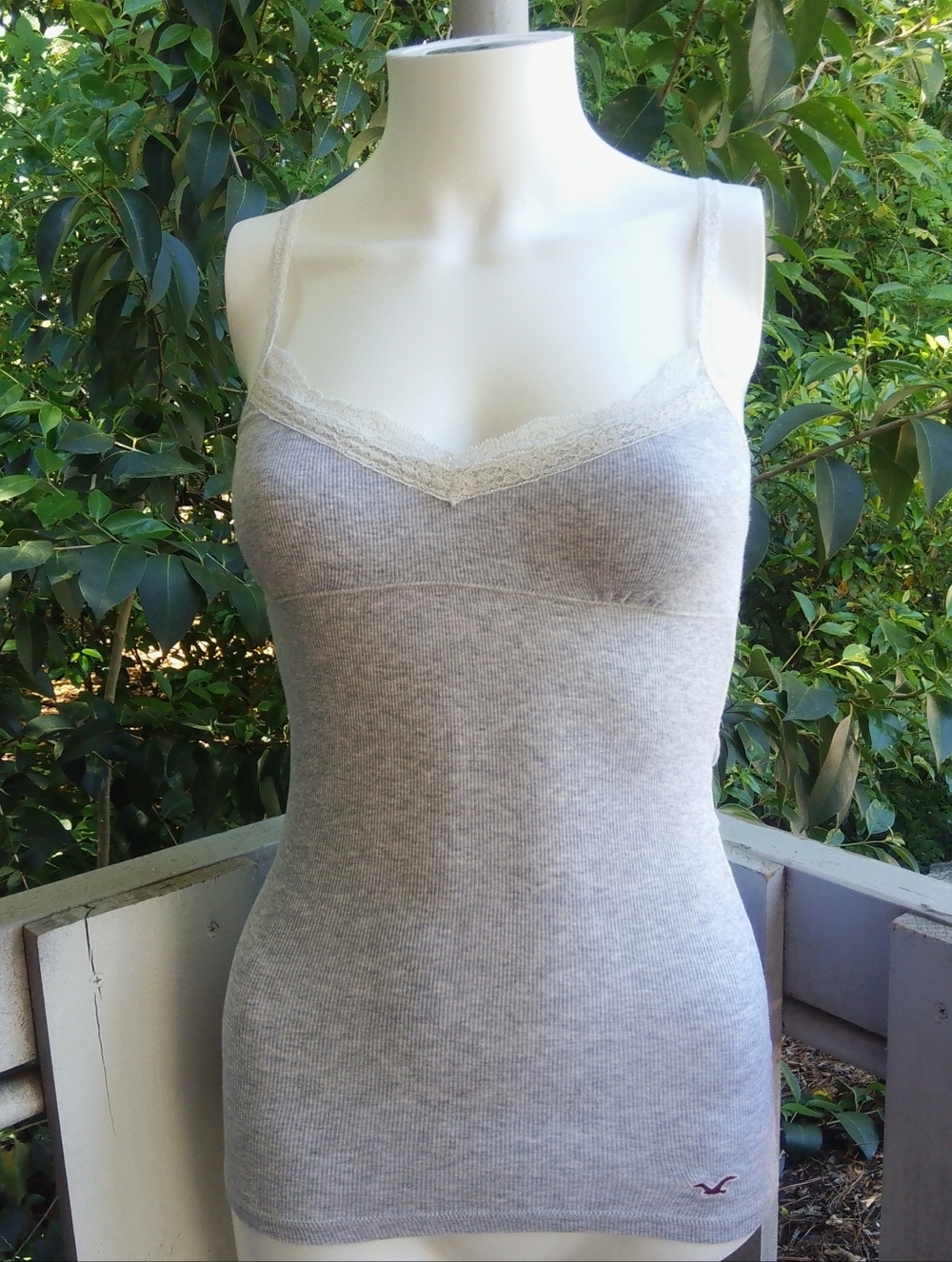 Vtg Y2K Hollister Gray Ribbed Lace Cami Babydoll Tank Top